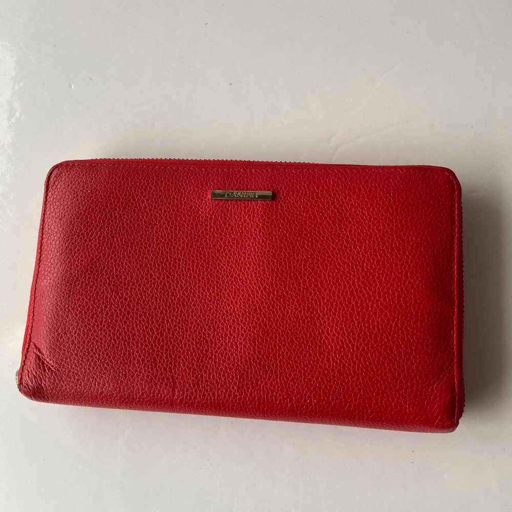Danier Red Leather Large Zipper Bifold Wallet